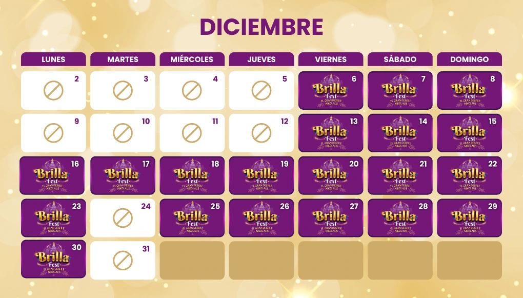 Calendario de fechas Billafest Diciembre 2024