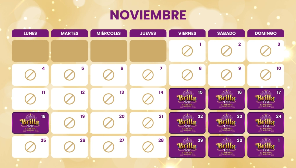 Calendario de fechas Billafest Noviembre 2024